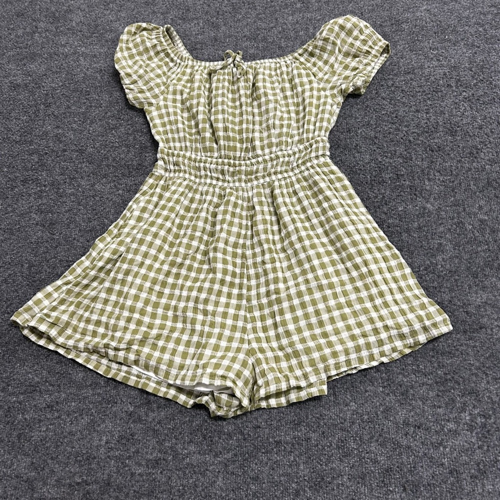 American Eagle Romper Womens Size M Green Gingham Smocked Waist Puff Sleeve